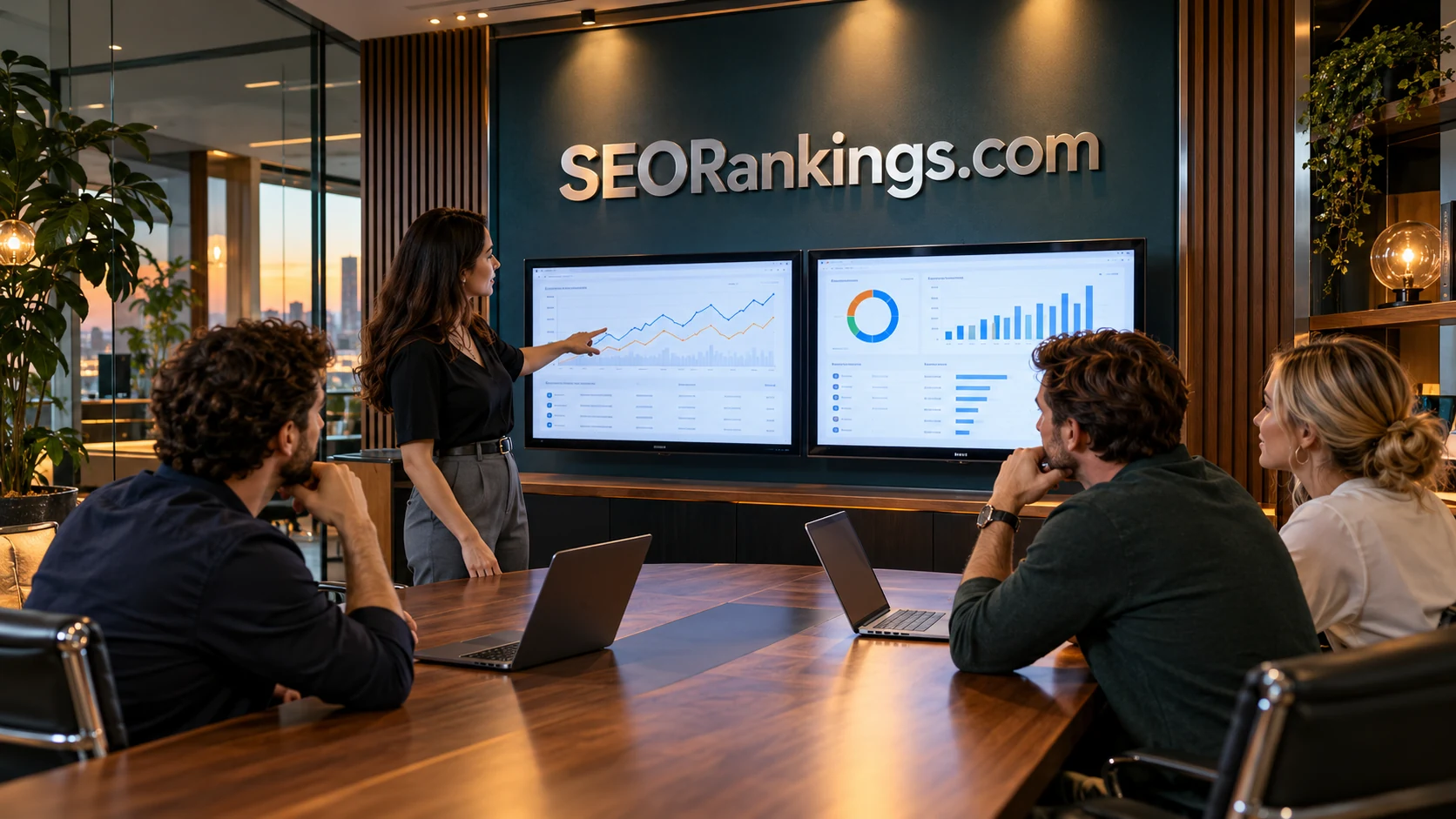 A search team working together in a contemporary workspace branded SEORankings.com