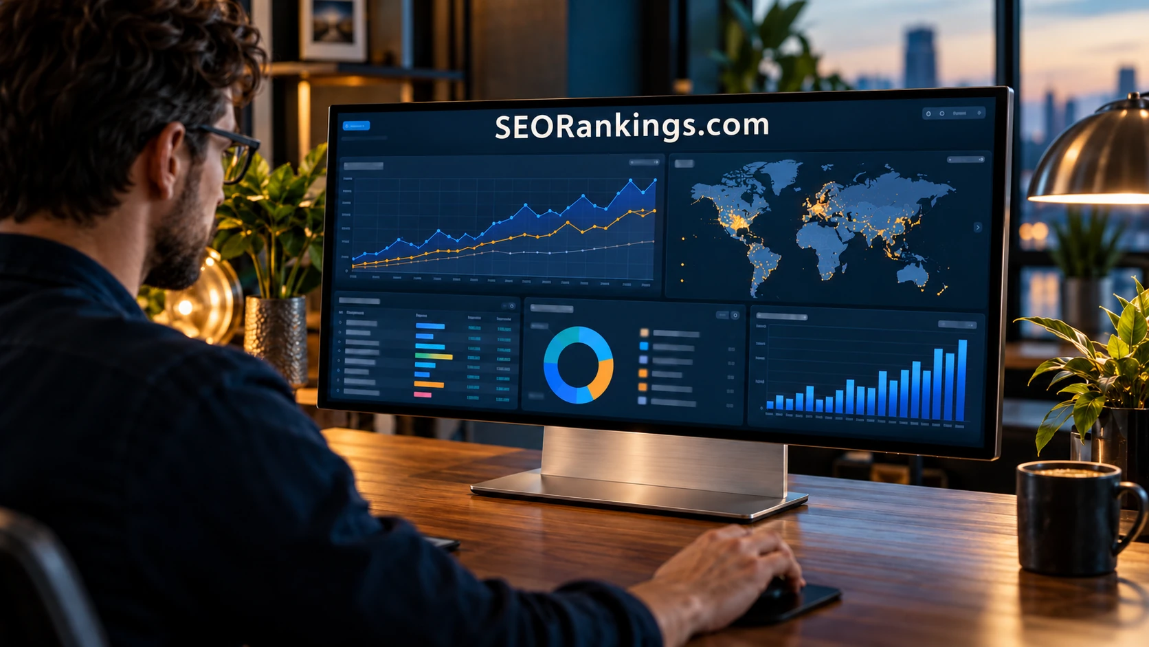 Analysts reviewing search evidence on a display branded SEORankings.com
